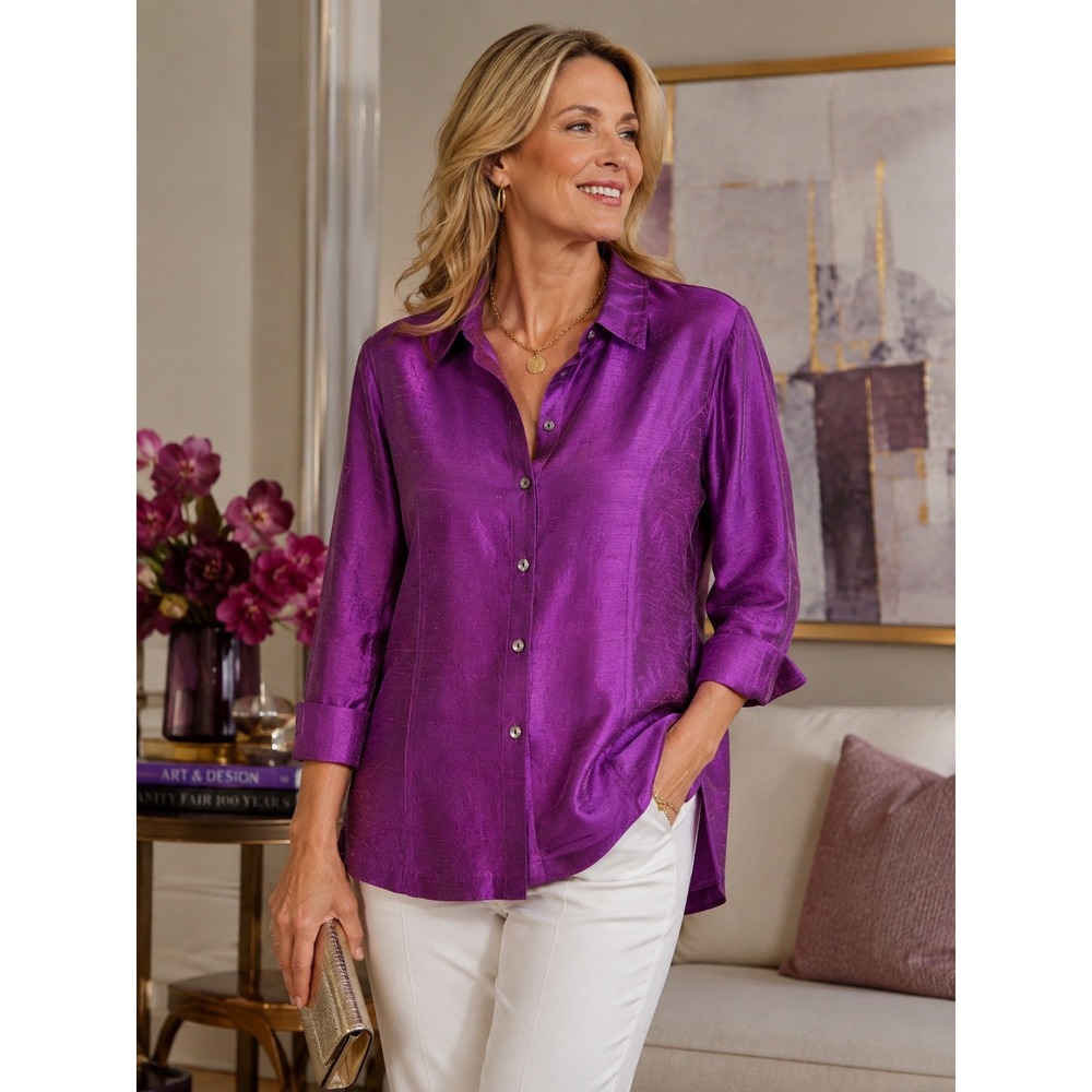 Anü by Natural Pure Silk Button Down Shirt Magenta Purple Slub Textured XL